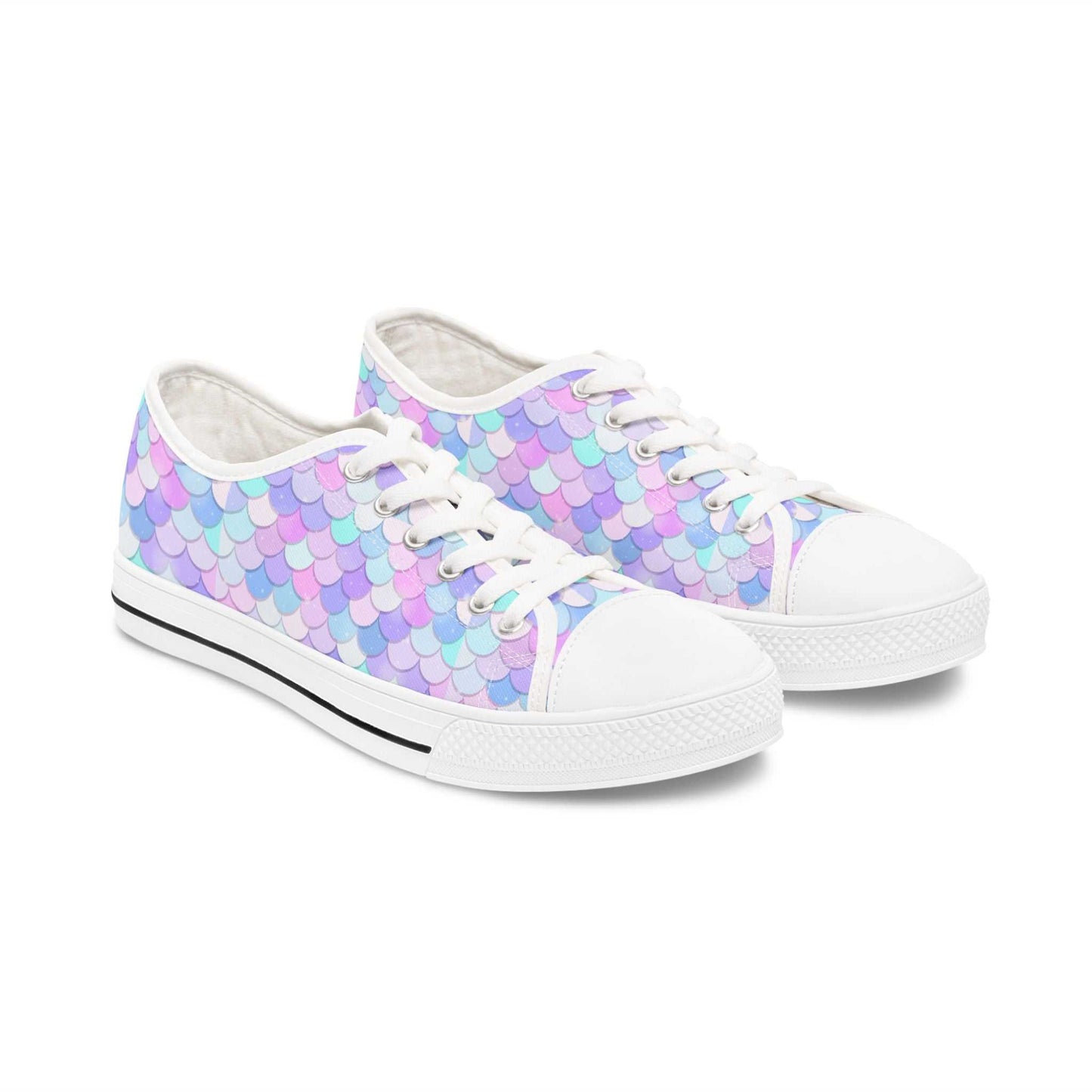 Pastel mermaid print women's low top sneakers with breathable canvas and cushioned sole