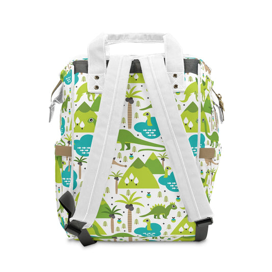 Dinosaur themed diaper backpack with vibrant dinosaur patterns and adjustable straps for toddlers and travel.