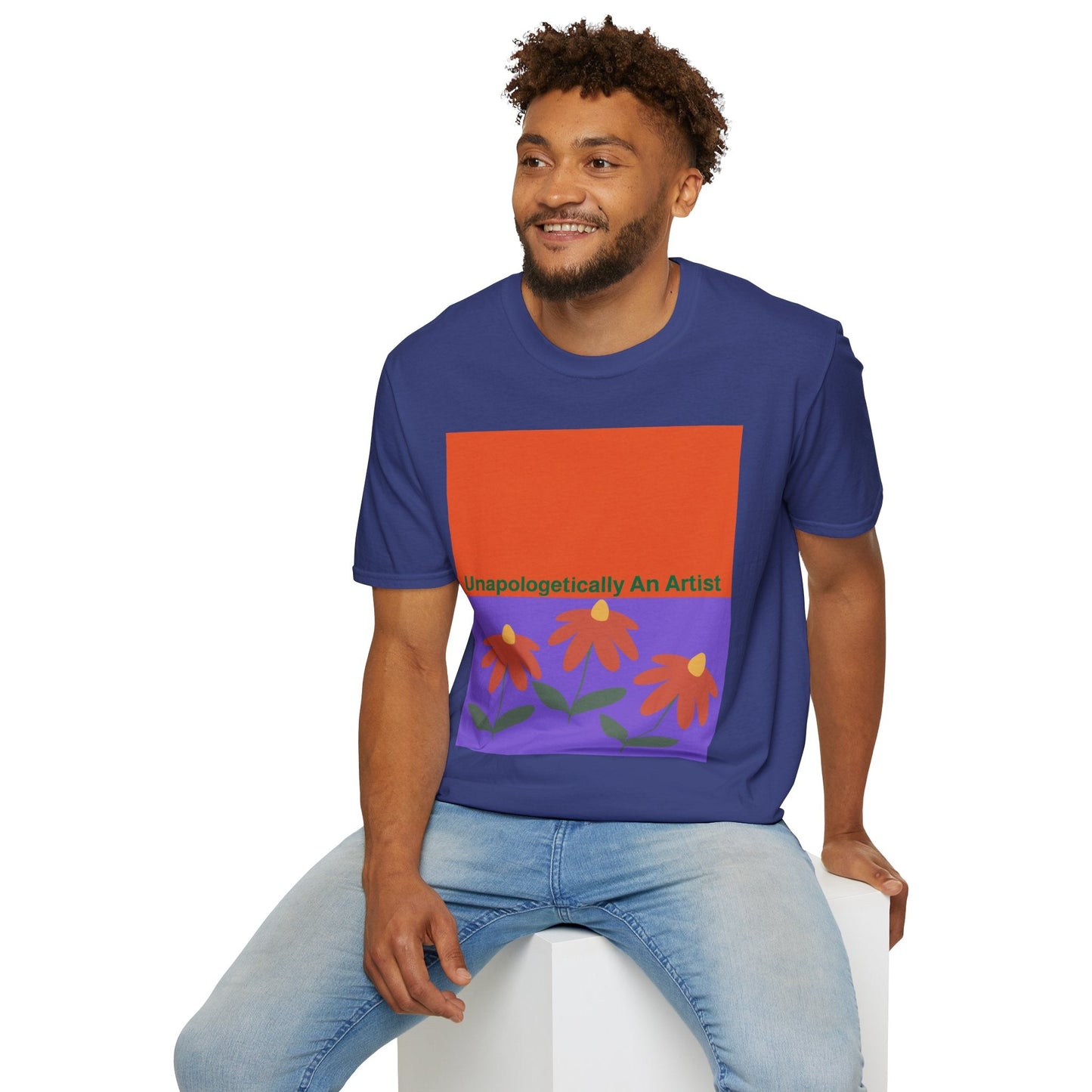 Unapologetically An Artist T-Shirt with floral design worn by smiling man