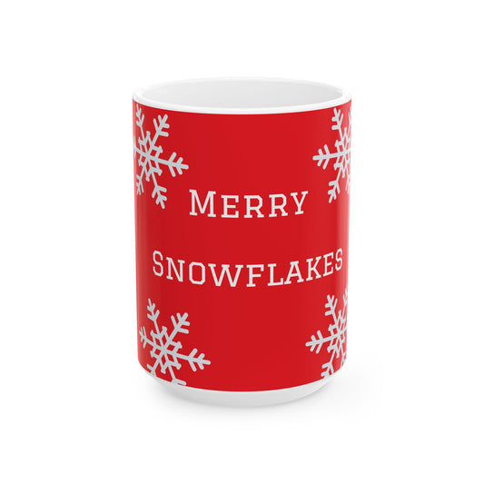Merry Snowflakes Ceramic Mug — Red Holiday Coffee Cup (11oz & 15oz)