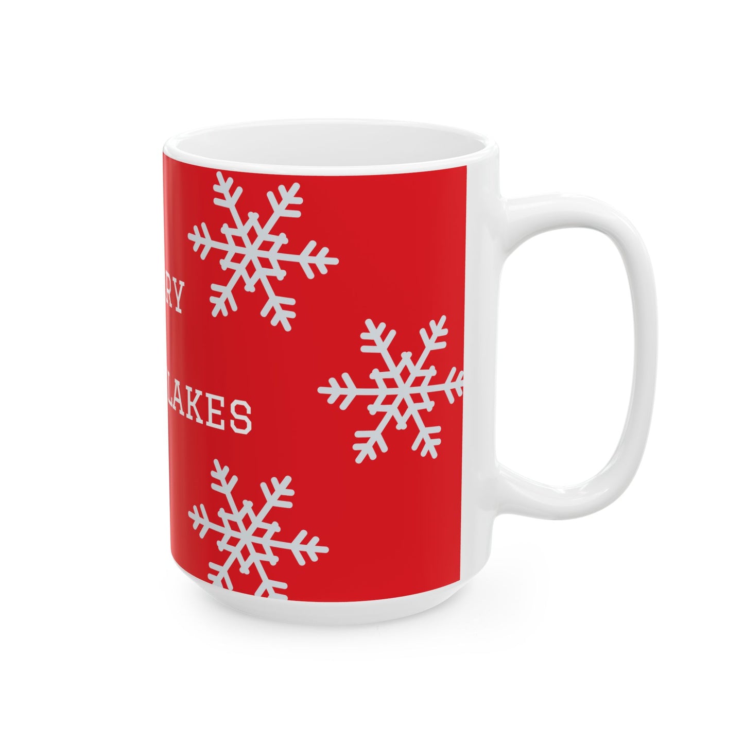 Merry Snowflakes Ceramic Mug — Red Holiday Coffee Cup (11oz & 15oz)