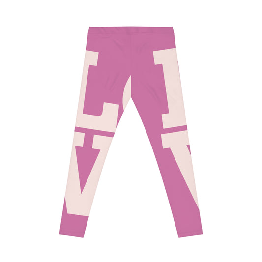 Pink leggings with geometric patterns on a white background