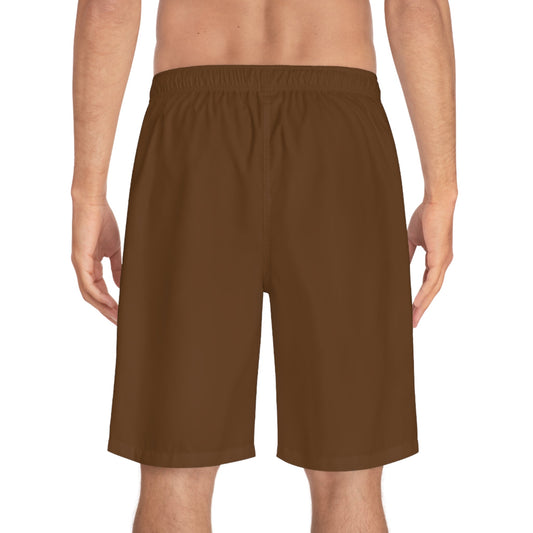 Stay Golden Men's Board Shorts brown lightweight quick-dry casual beachwear with elastic waistband and side pockets viewed from back