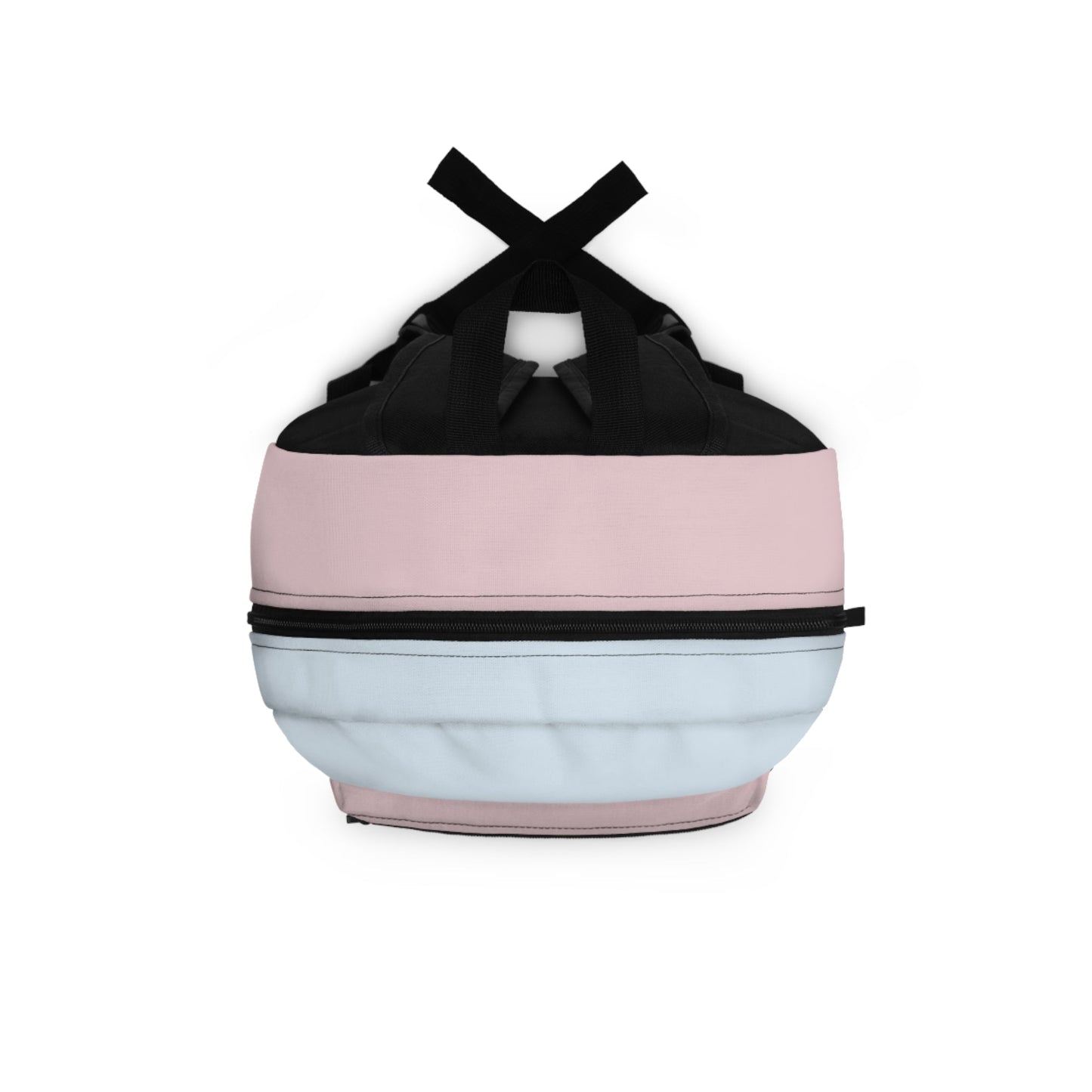 Colorblock backpack in pink, light blue, and black with padded straps and top handle, perfect for school and travel