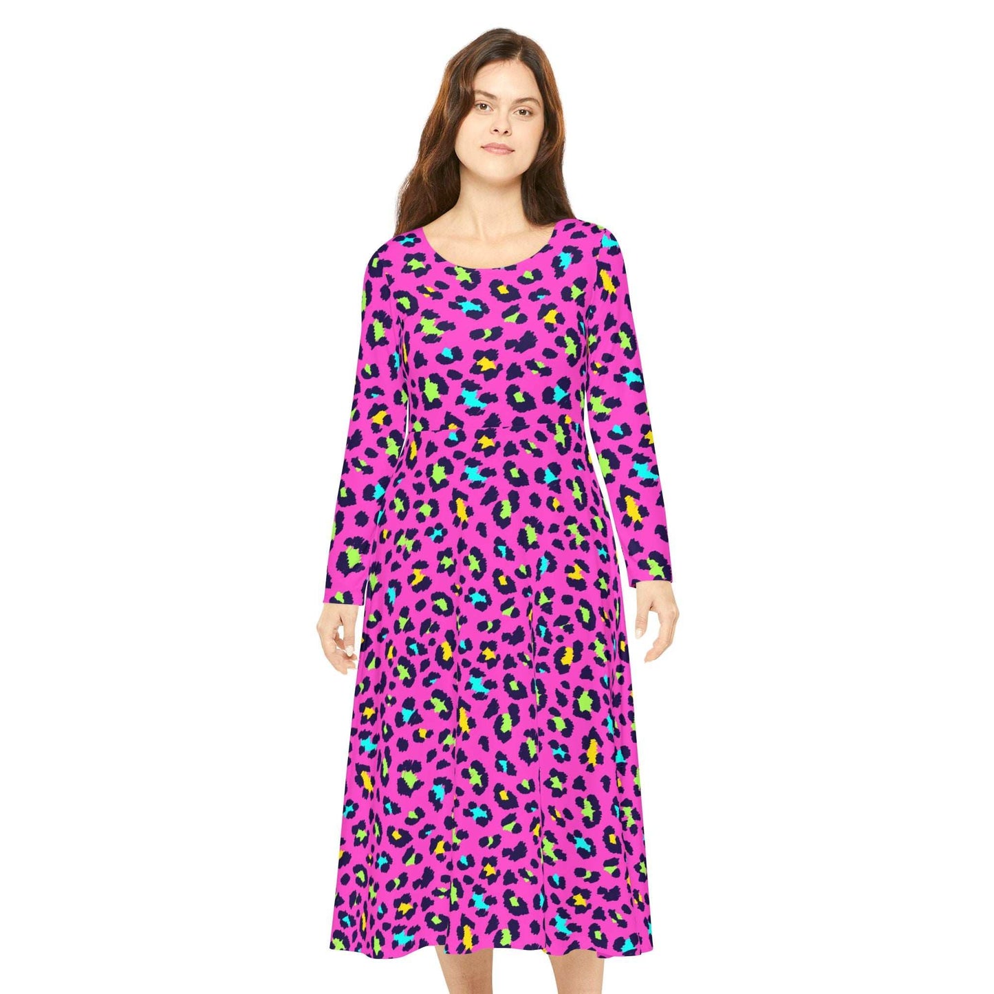 Women's long sleeve dance dress with colorful leopard print, scoop neckline, and comfortable polyester fabric