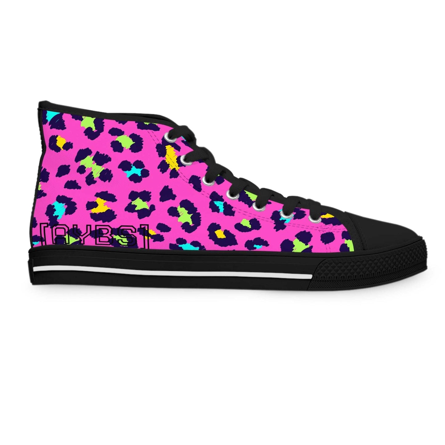 Trendy leopard print women's high top sneaker with vibrant pink and colorful spots design
