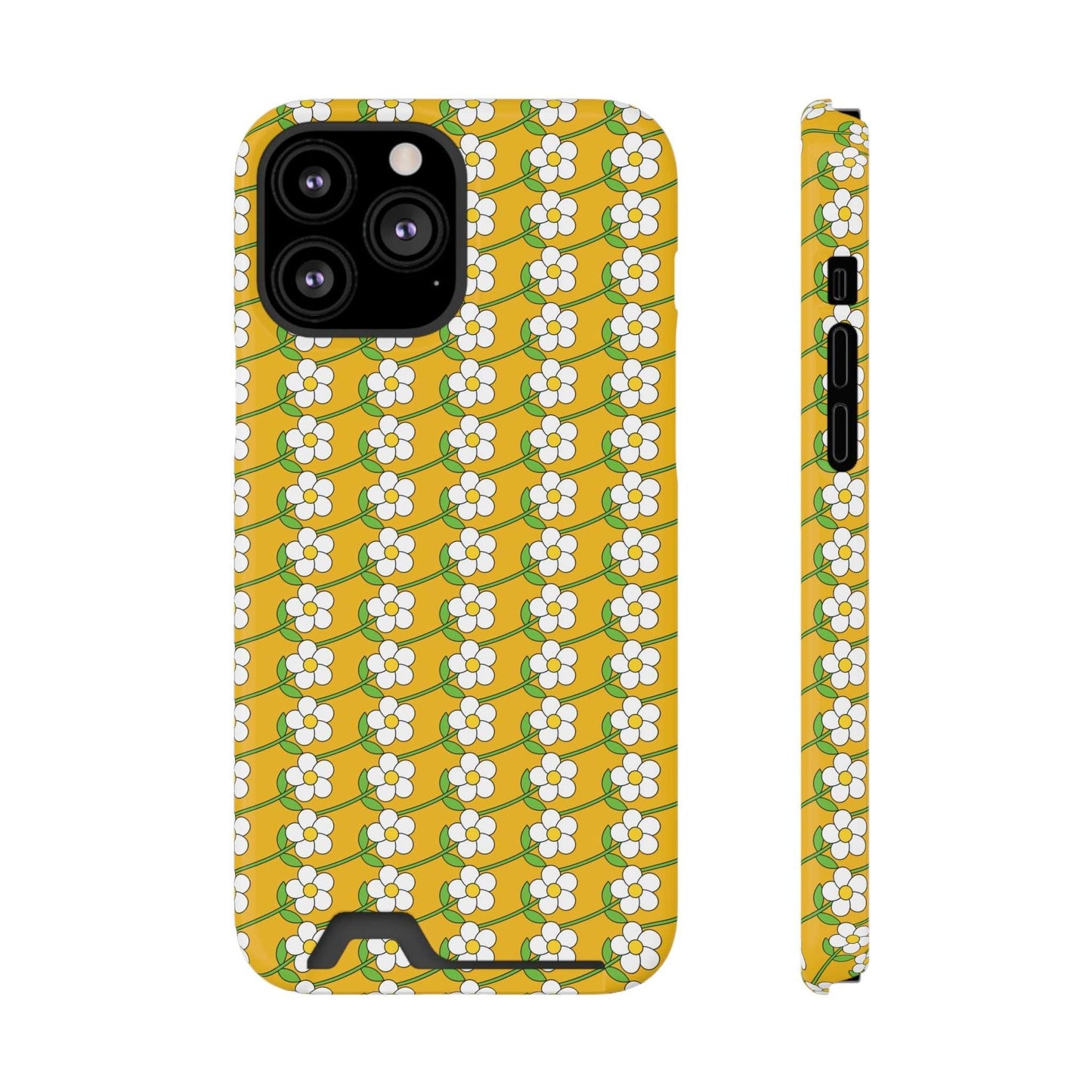 Yellow floral phone case with white flowers and built-in card holder, slim and durable design