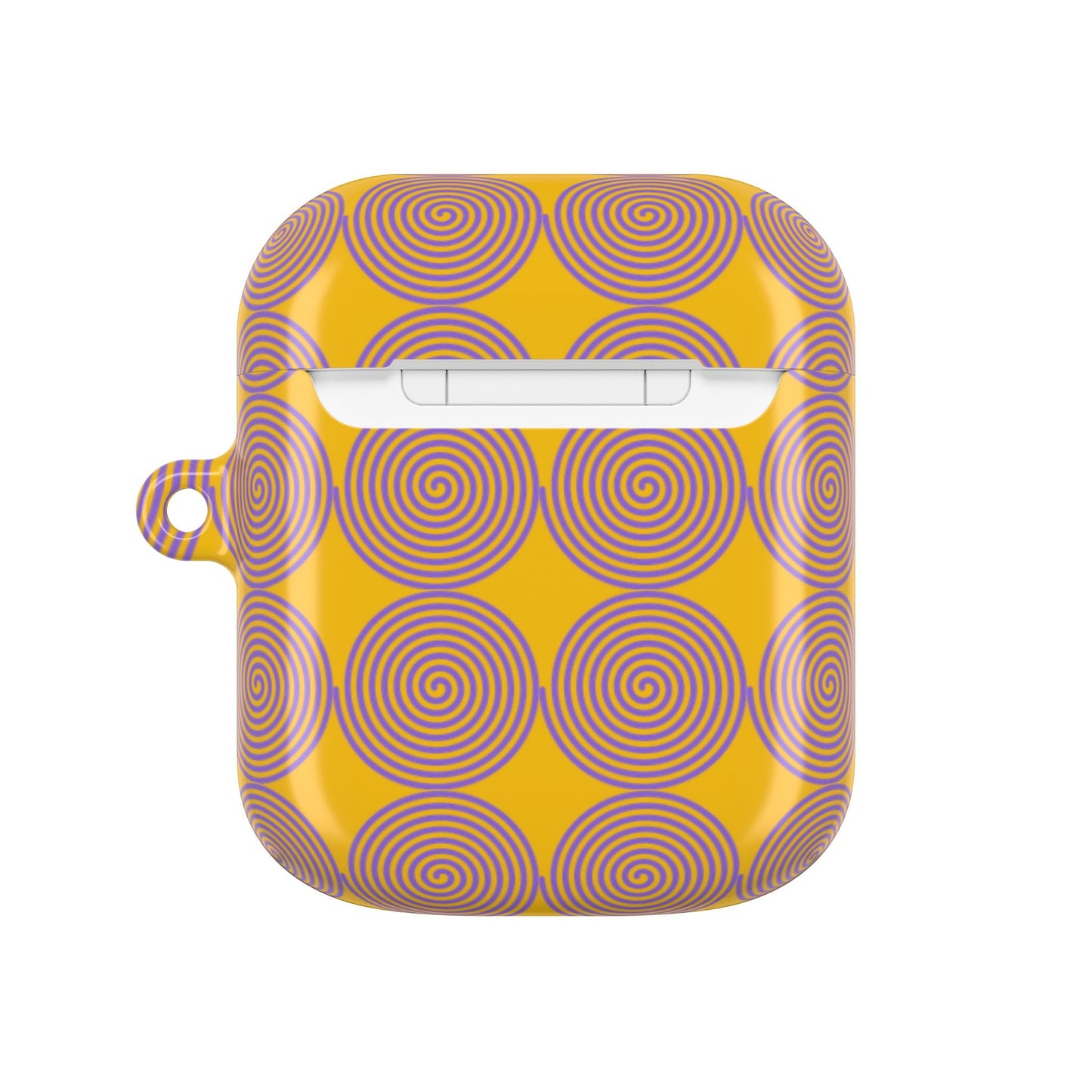 Yellow AirPod case with purple spiral pattern, slim polycarbonate, gloss finish, and carabiner.