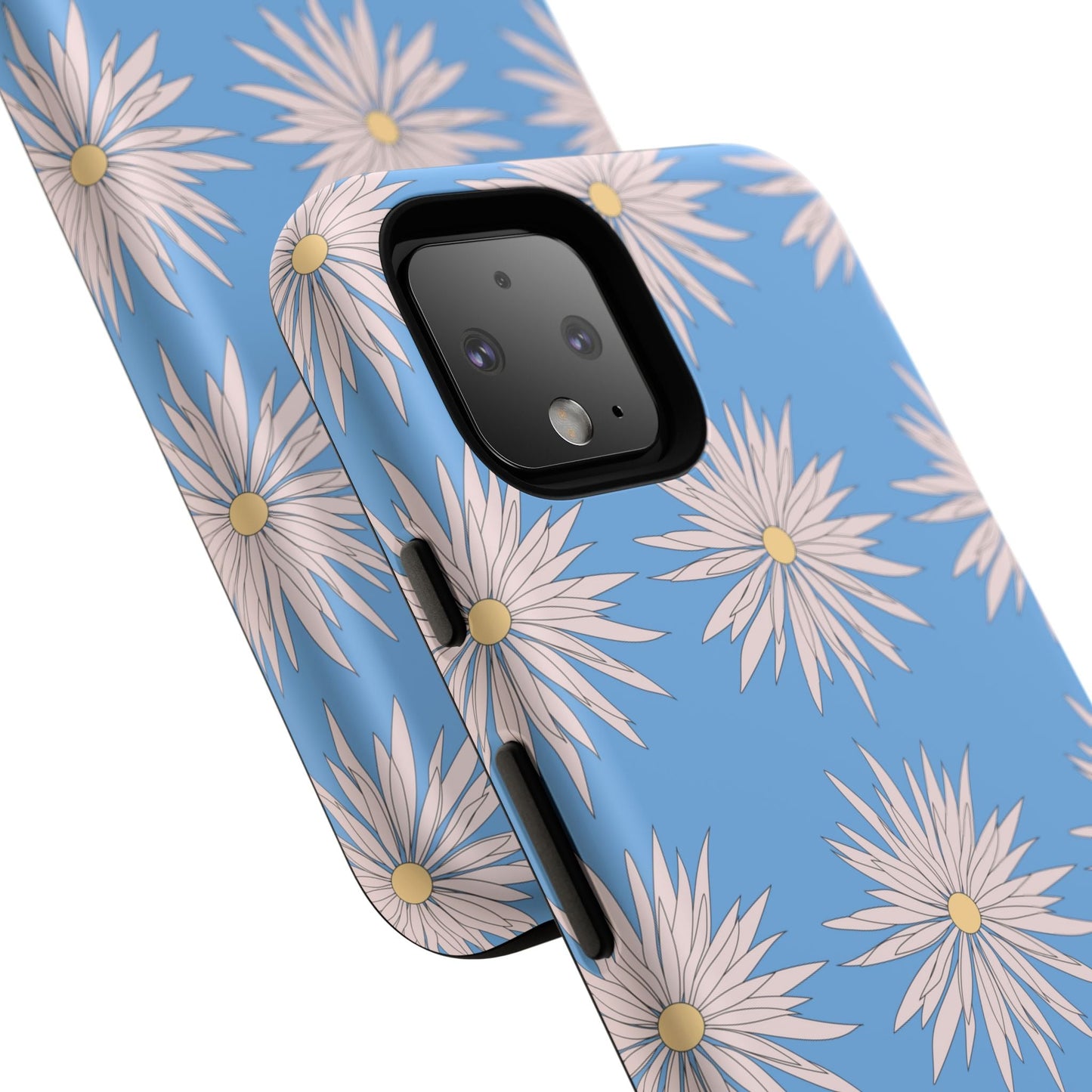 Blue phone case with white daisy pattern, durable and stylish protective cover