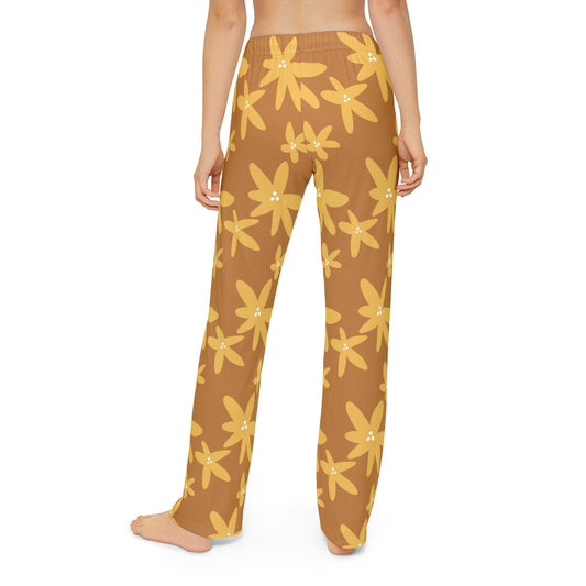 Kids lounge pants with brown and yellow floral pattern, elastic waistband, made of 100% brushed polyester