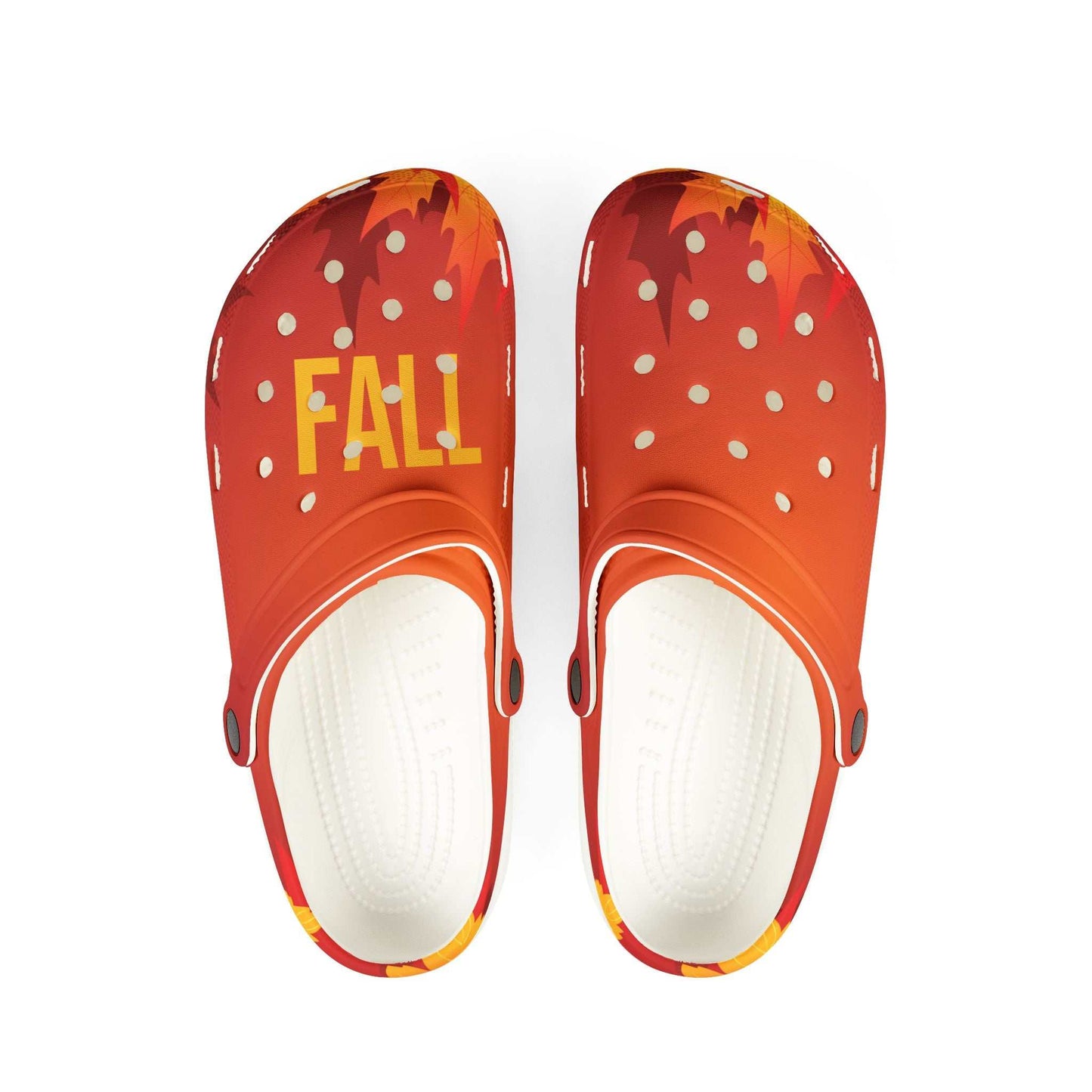 Fall-themed EVA foam clogs with vibrant orange autumn leaf design and comfort sole