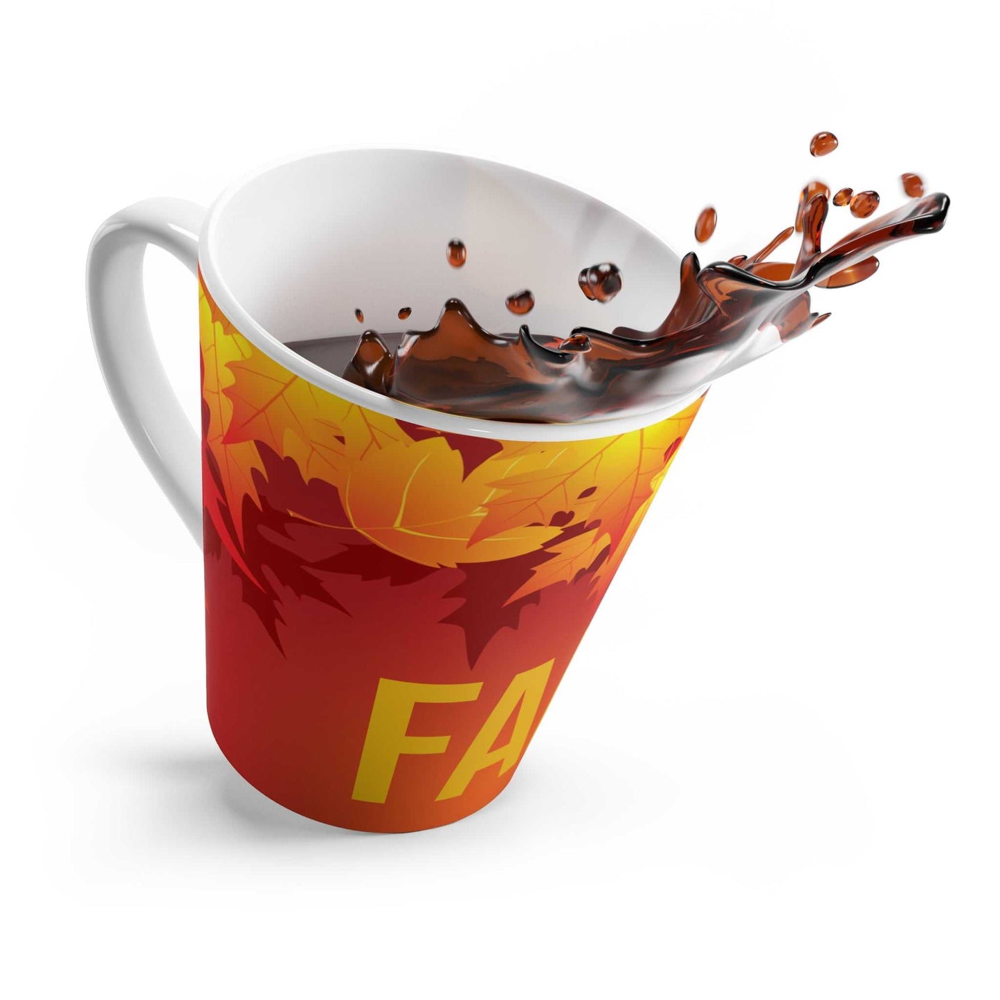 Fall Latte Mug with autumn leaves design and coffee splash, 12oz ceramic coffee cup for cozy seasonal drinks