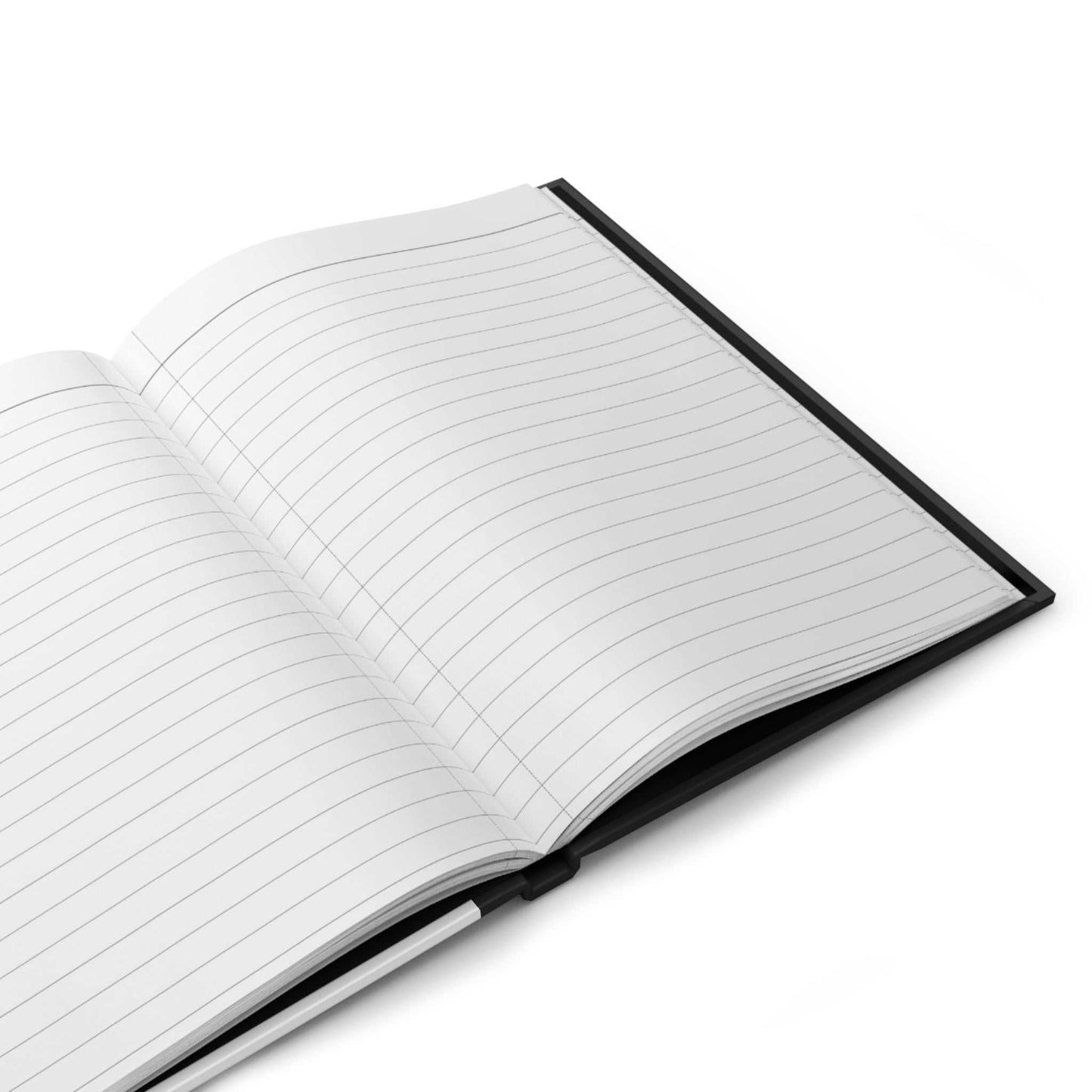Open lined hardcover journal with smooth matte laminated black cover, designed for writing and note-taking