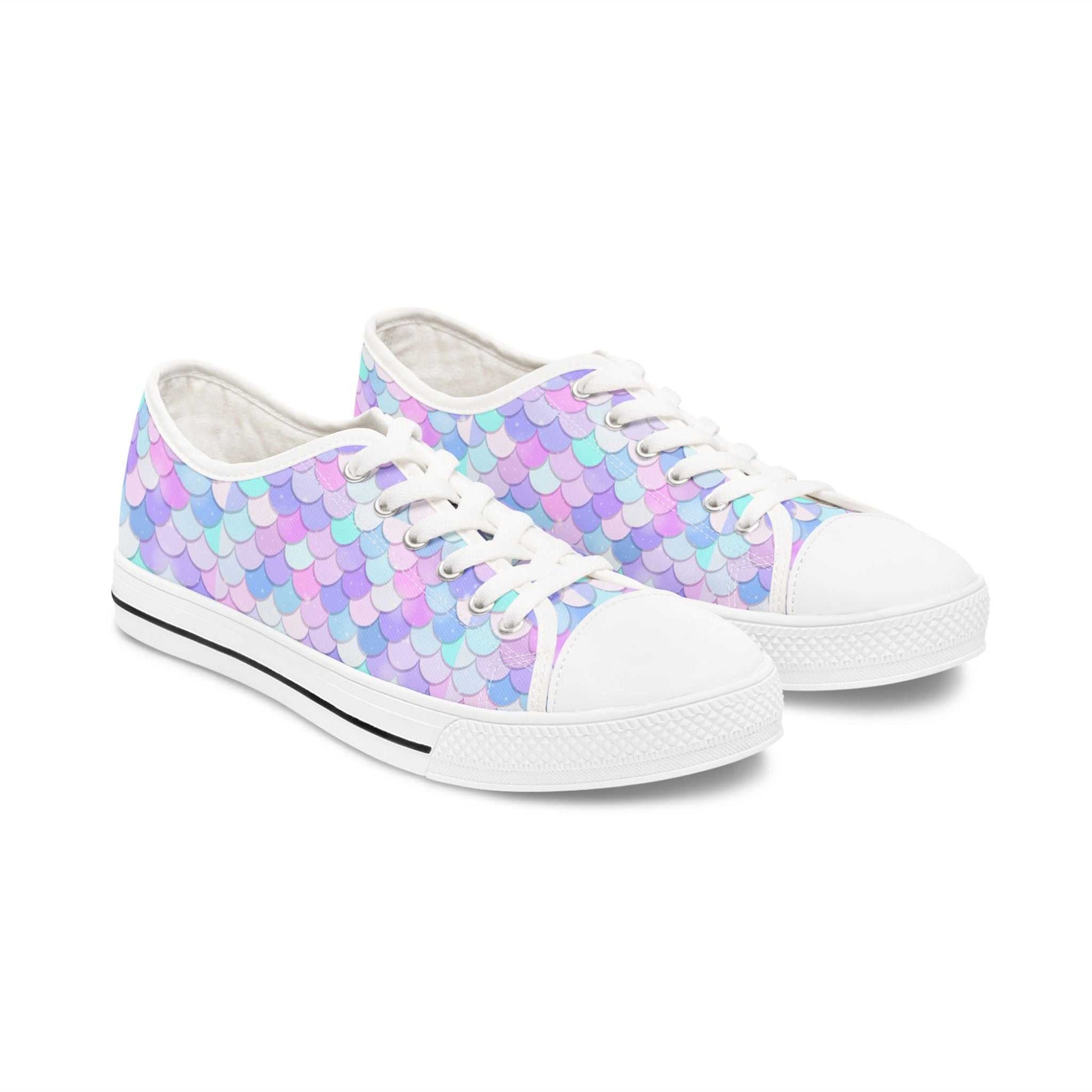 Pastel mermaid print women's low top sneakers with breathable canvas and cushioned sole