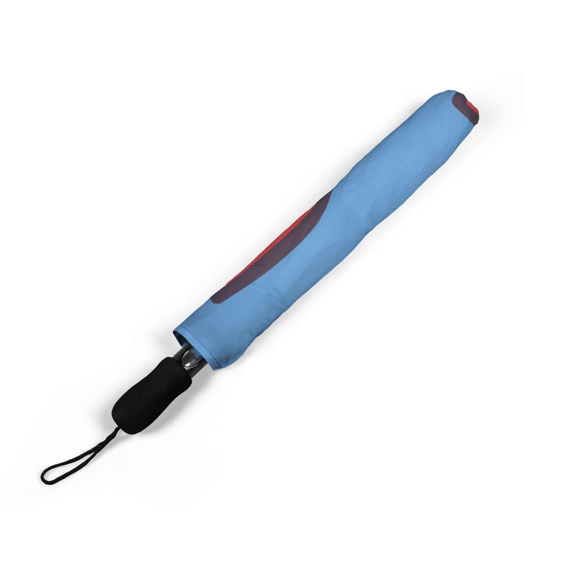 Blue foldable umbrella with heart print and black handle in protective sleeve