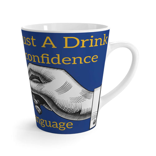 Coffee Lovers Latte Mug with blue background and hand illustration, microwave and dishwasher safe, ergonomic handle, 12oz capacity