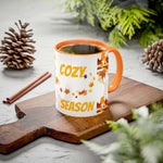 Fall Cozy Season Mug with orange handle featuring autumn leaves and 
