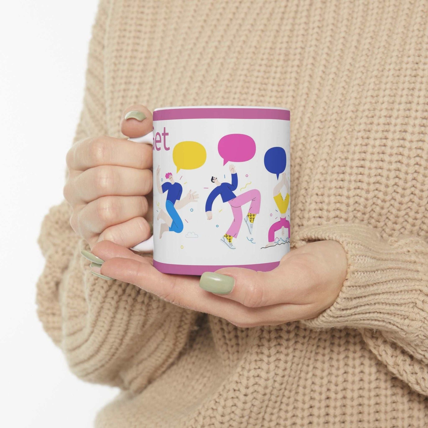 Get Your Groves On ceramic mug with colorful dancing figures and speech bubbles in hand, glossy finish