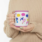 Get Your Groves On ceramic mug with colorful dancing figures and speech bubbles in hand, glossy finish