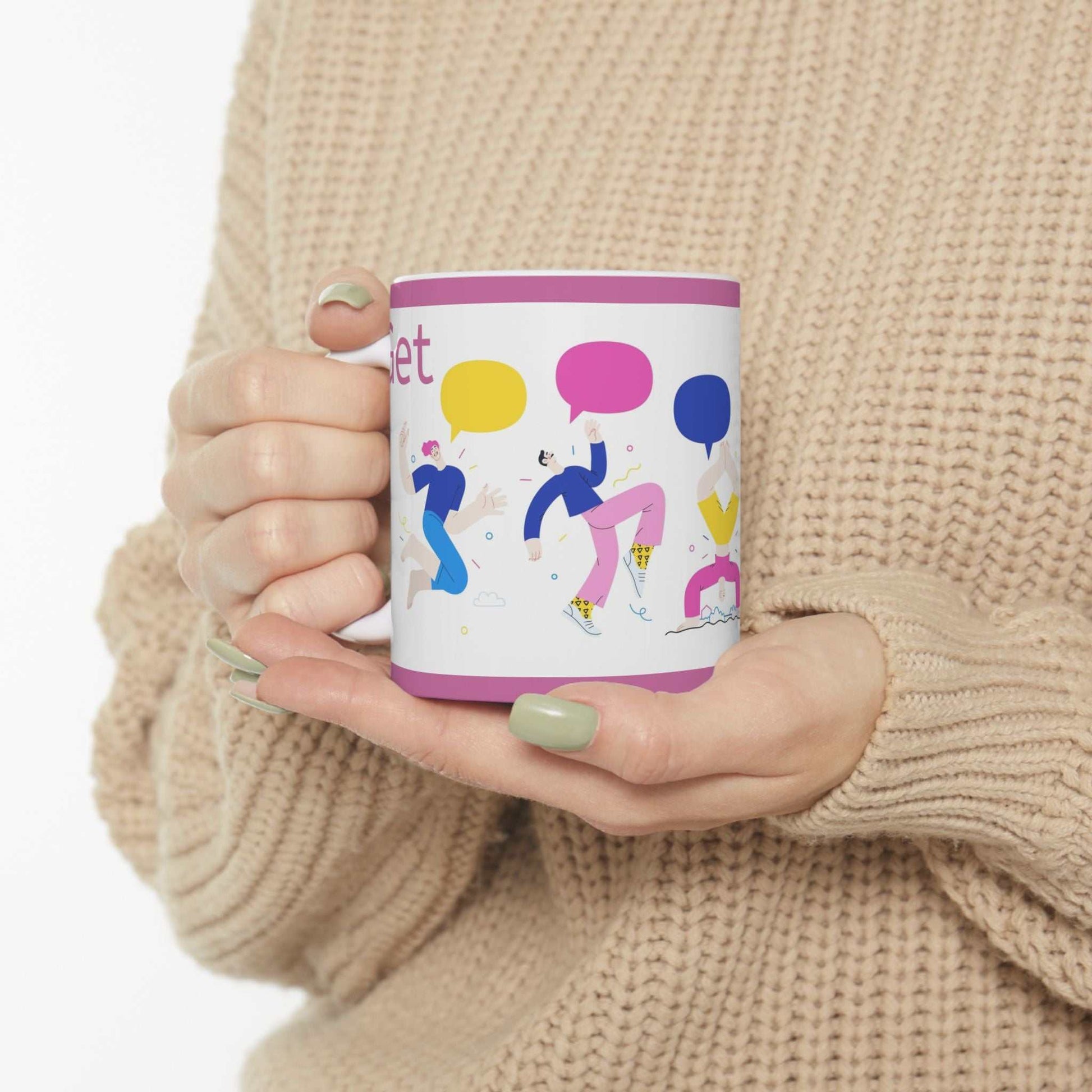 Get Your Groves On ceramic mug with colorful dancing figures and speech bubbles in hand, glossy finish