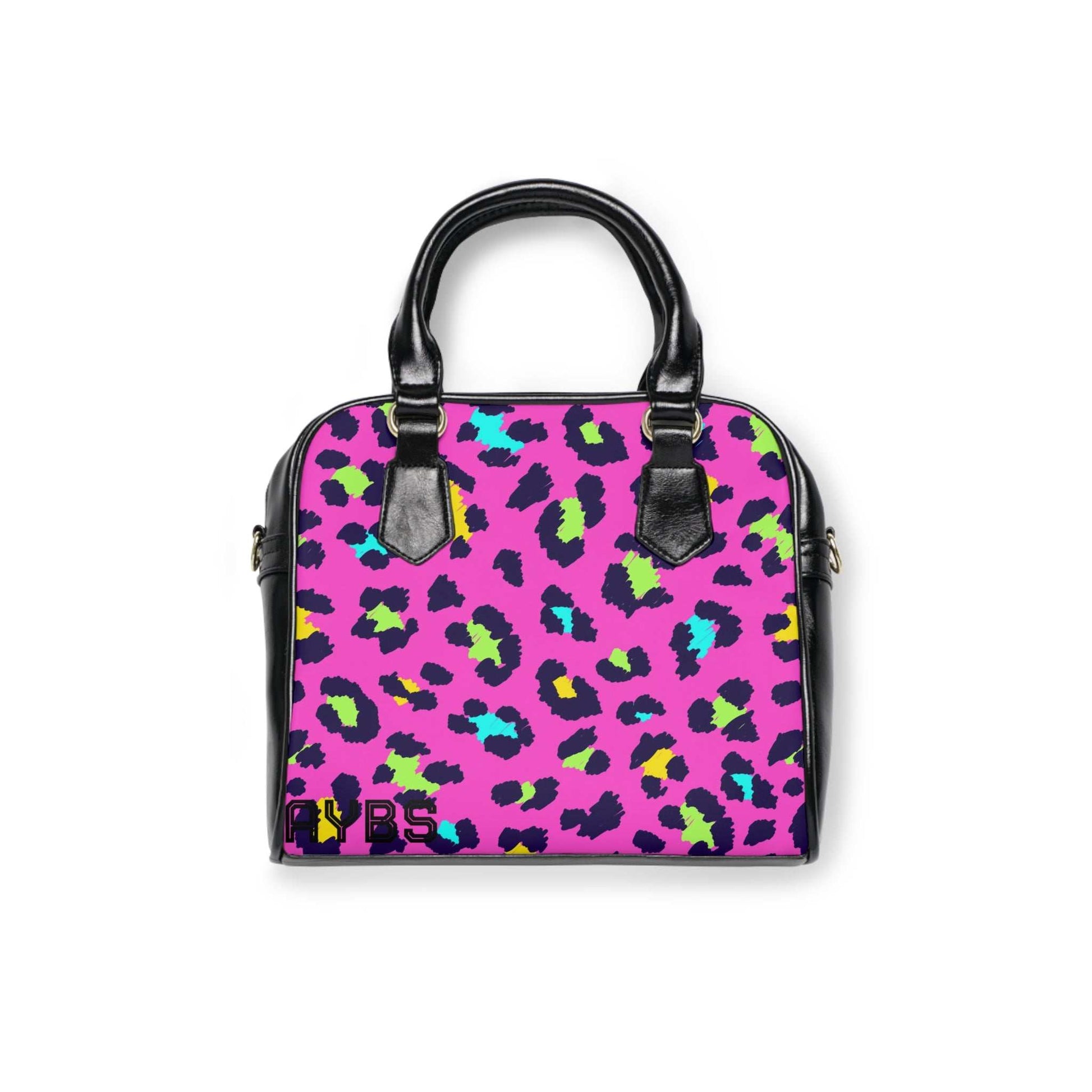 vibrant leopard print colorful handbag with black handles and adjustable shoulder strap