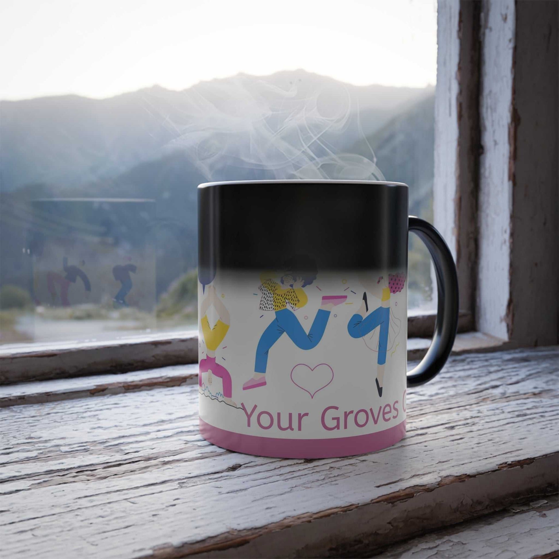 Color Morphing Mug with heat-sensitive design revealing colorful artwork, steaming on rustic windowsill with mountain view