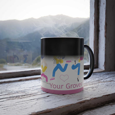 Color Morphing Mug with heat-sensitive design revealing colorful artwork, steaming on rustic windowsill with mountain view