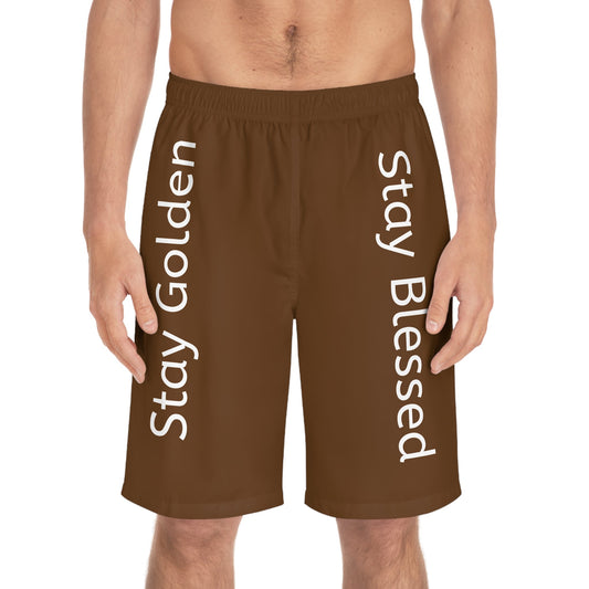 Stay Golden Men's Board Shorts brown with white text "Stay Golden" and "Stay Blessed" on sides, casual summer wear