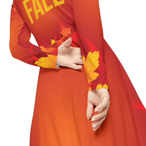 Fall-Inspired Women's Long Sleeve Dance Dress with autumn leaves design and high-cut neckline