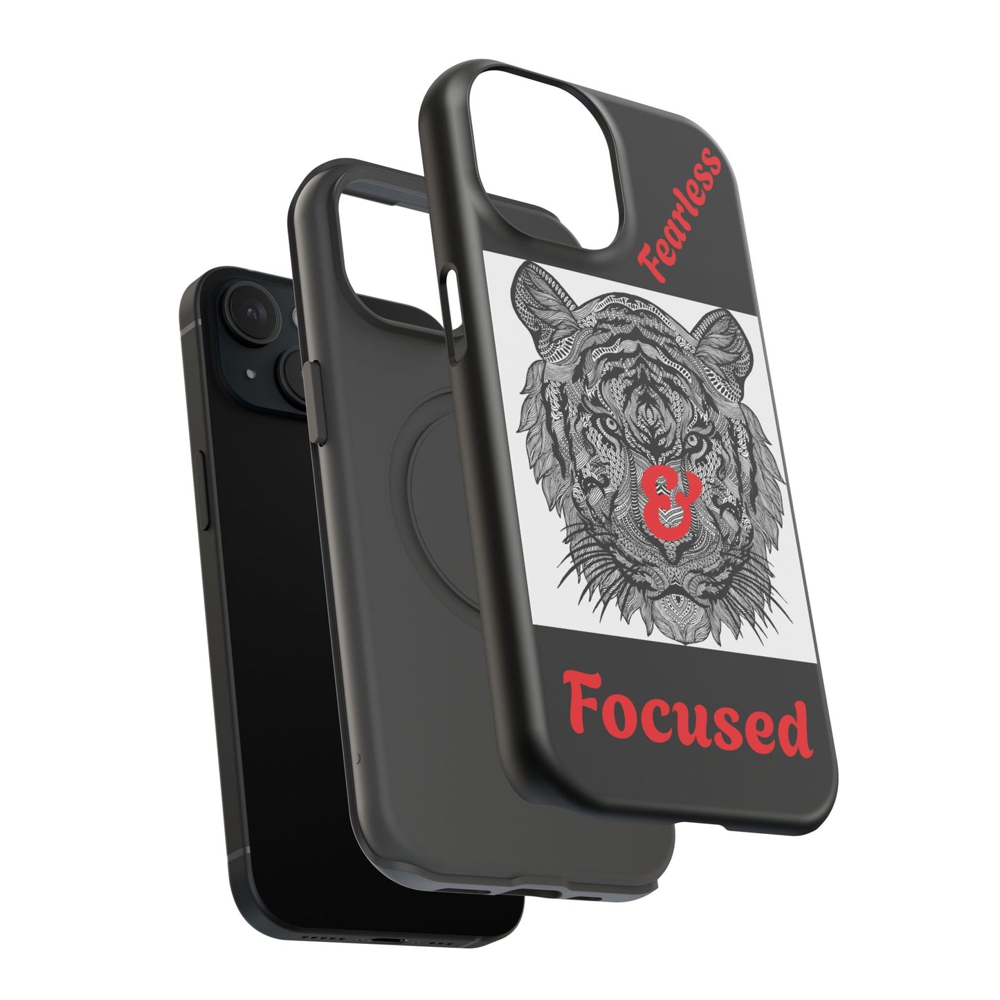 Black tiger phone case with fearless and focused text, impact-resistant dual-layer protection, and wireless charging support