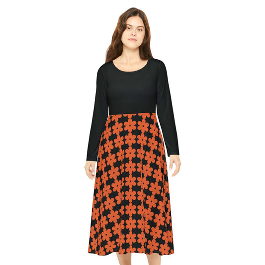 Women's long sleeve dance dress with black top and orange floral patterned skirt, regular fit, scoop neckline.