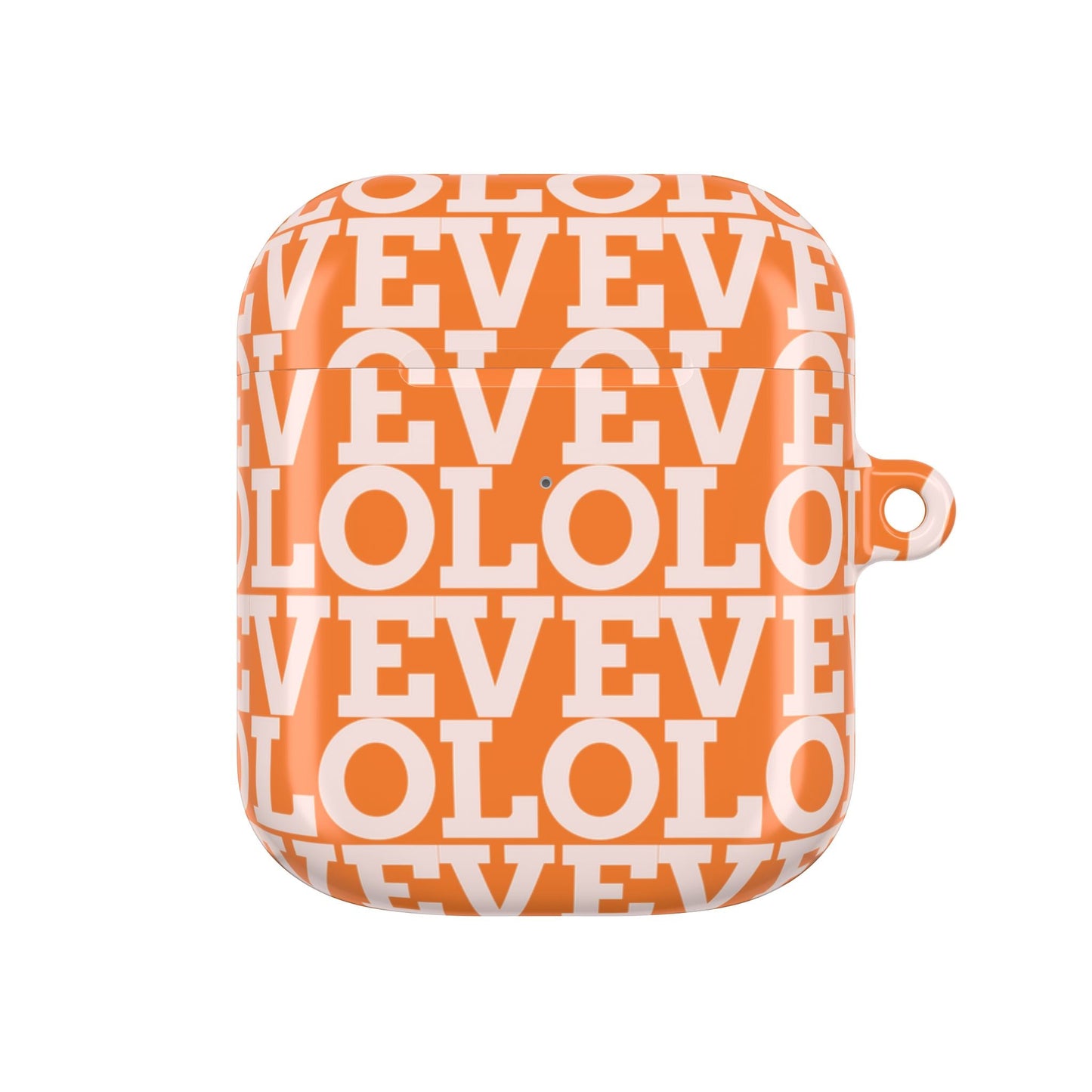Orange and white polycarbonate AirPod case with full-wrap 3D printed text design and carabiner attachment