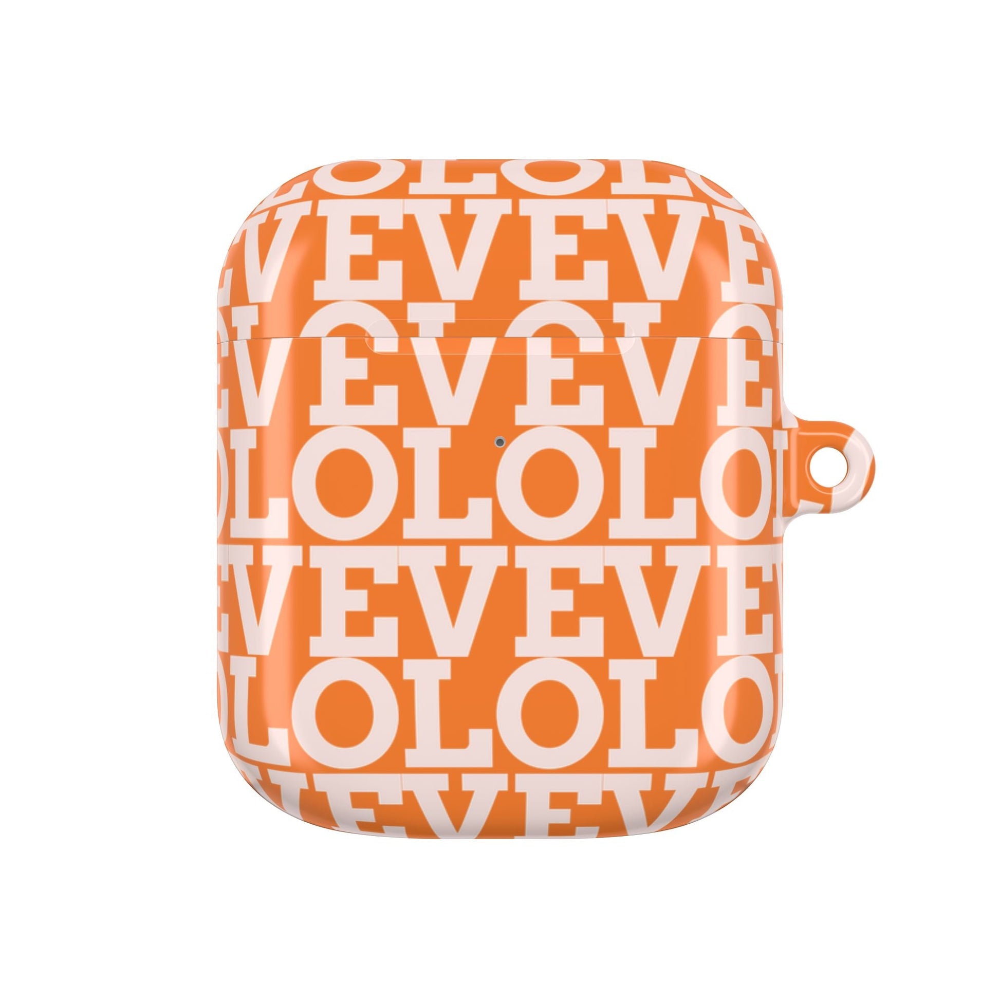 Orange and white polycarbonate AirPod case with full-wrap 3D printed text design and carabiner attachment