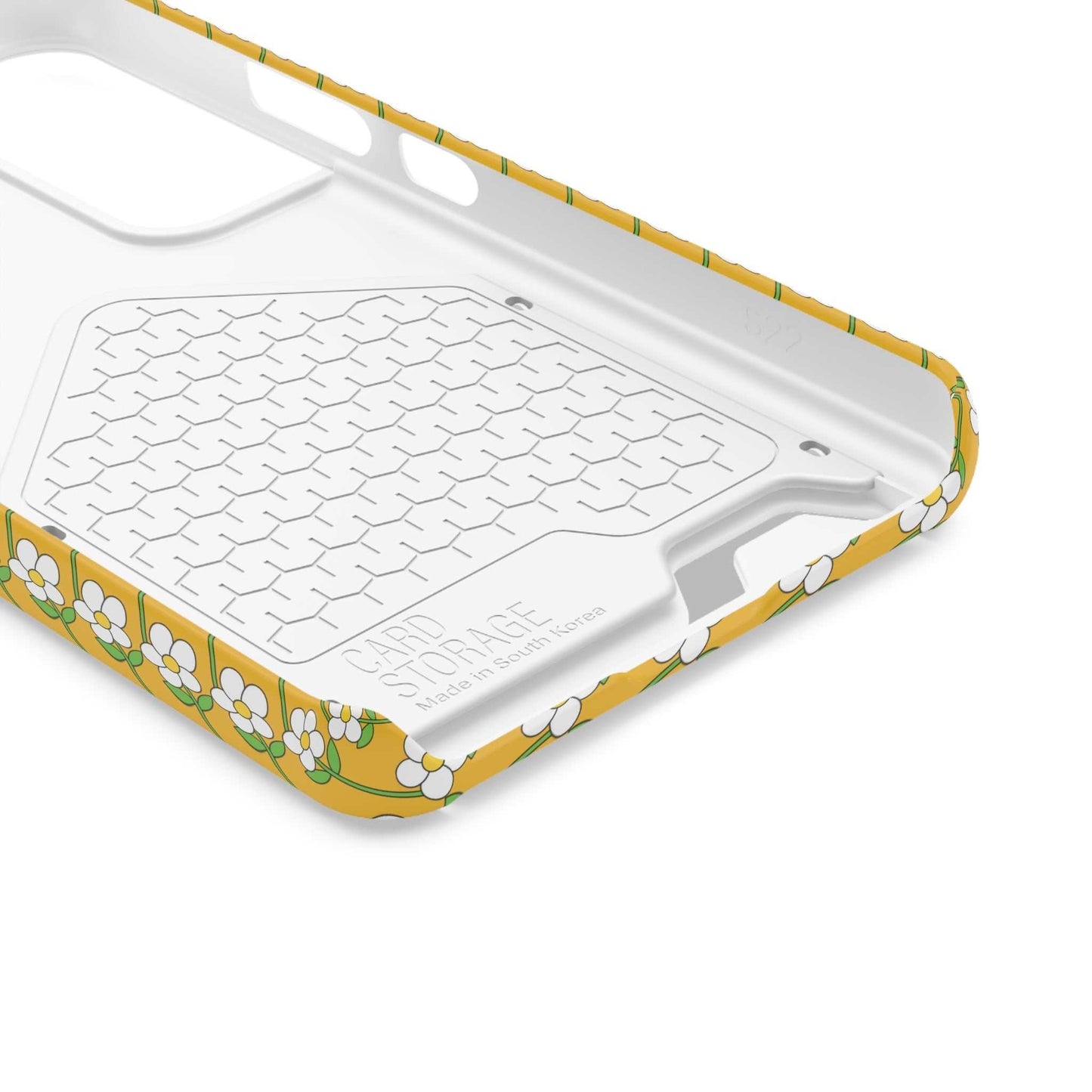 Floral yellow phone case with white flowers and built-in card holder slot, slim durable design