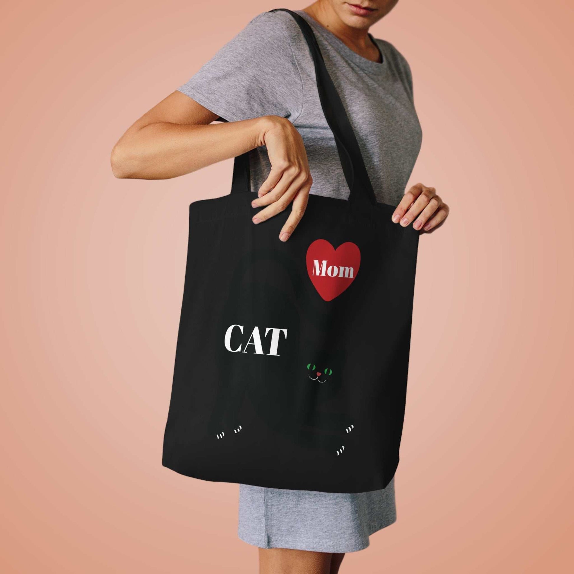 Black Cat Mom tote bag with red heart and white text, cotton canvas with reinforced shoulder straps