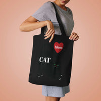 Black Cat Mom tote bag with red heart and white text, cotton canvas with reinforced shoulder straps