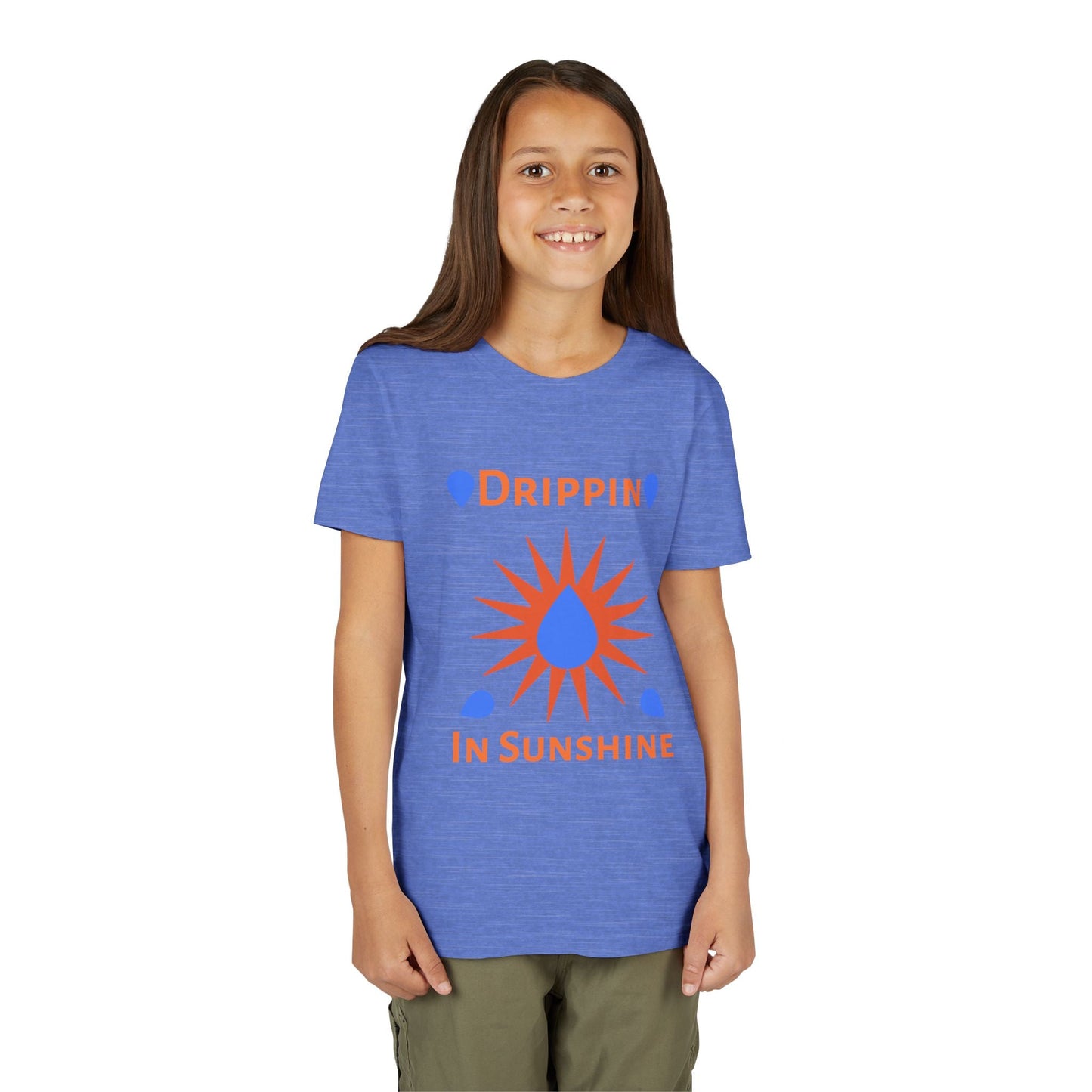 child wearing blue youth short sleeve tee with "Drippin In Sunshine" design