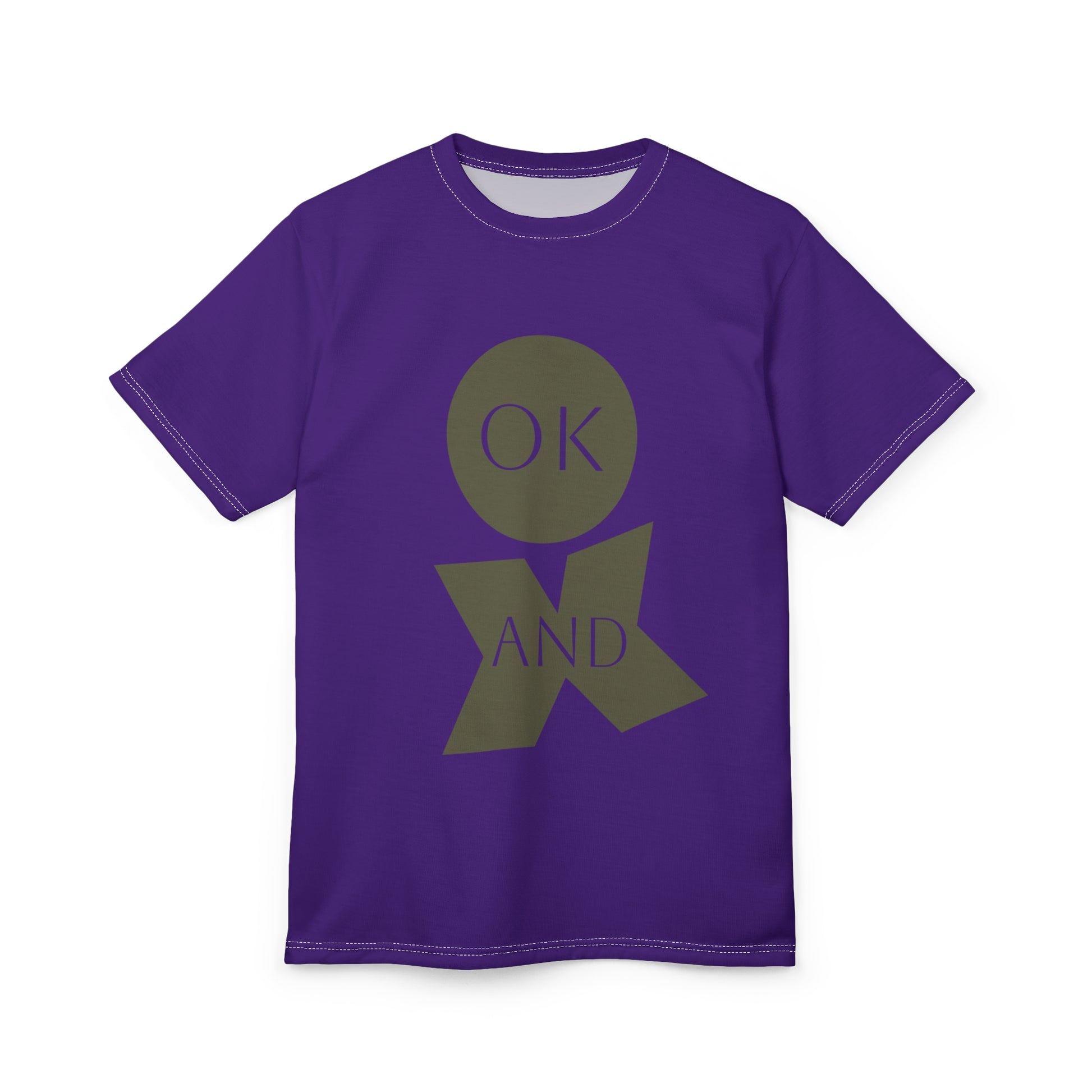 Purple t-shirt with a green graphic design on a white background