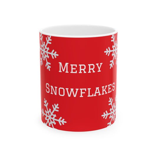 Merry Snowflakes Ceramic Mug — Red Holiday Coffee Cup (11oz & 15oz)