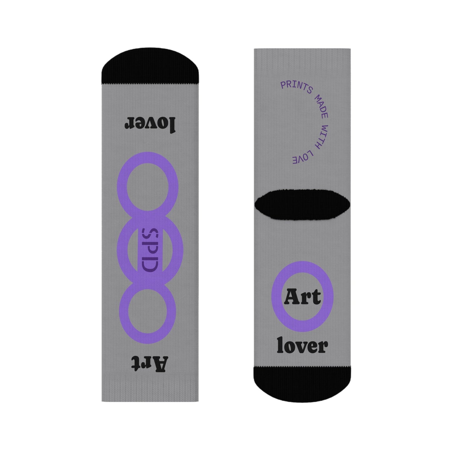 Gray socks with purple and black text and symbols on a white background