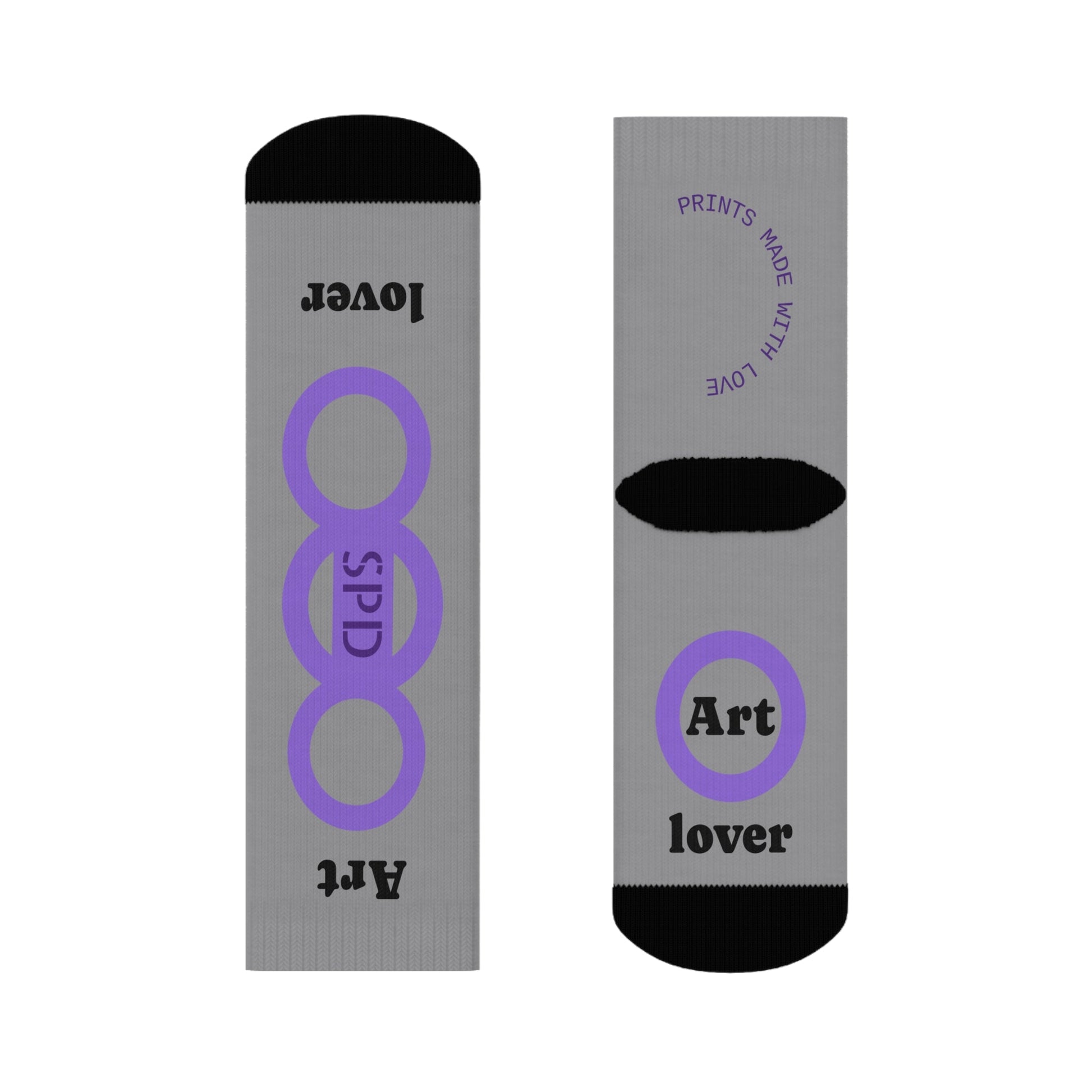 Gray socks with purple and black text and symbols on a white background