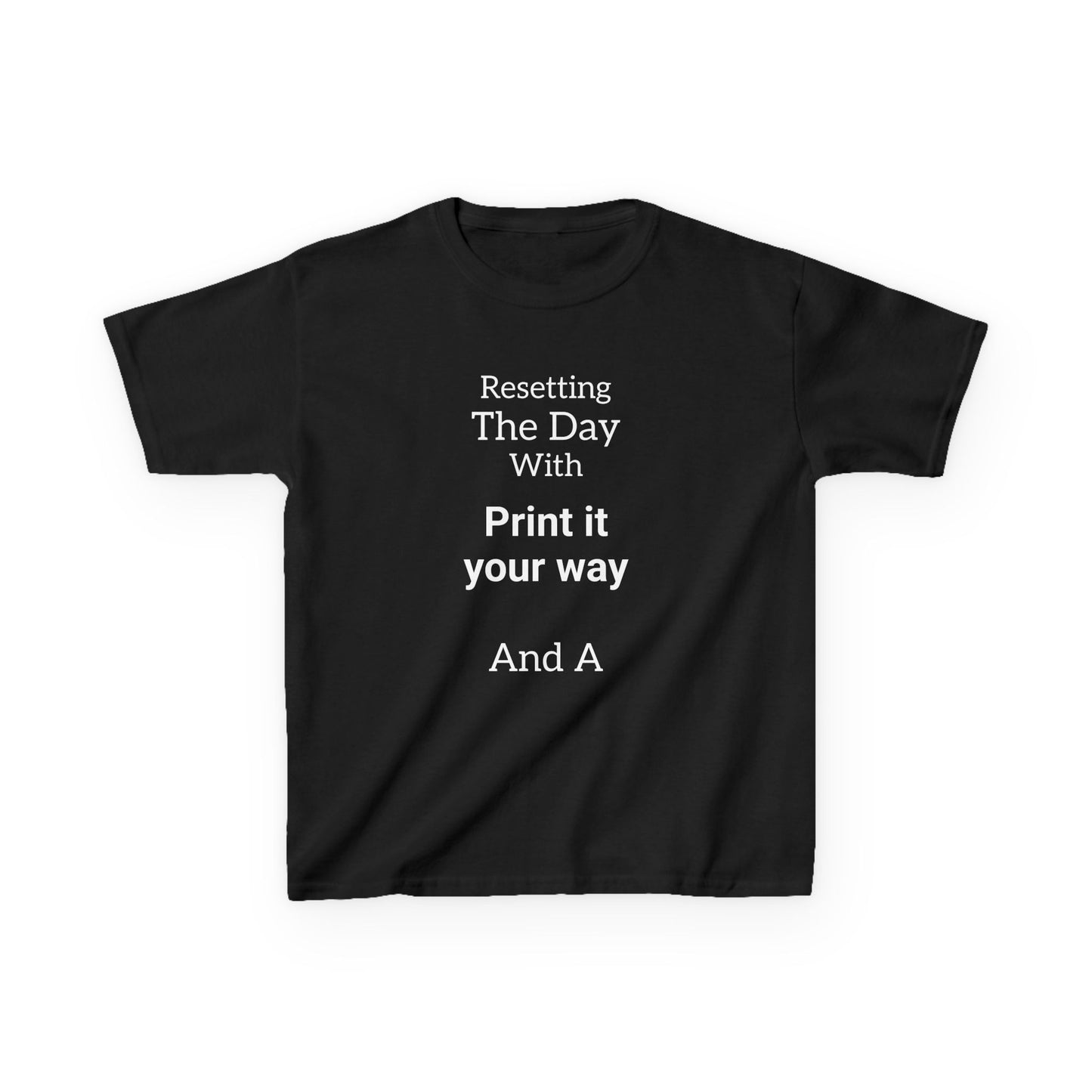 Black t-shirt with white text on a white background