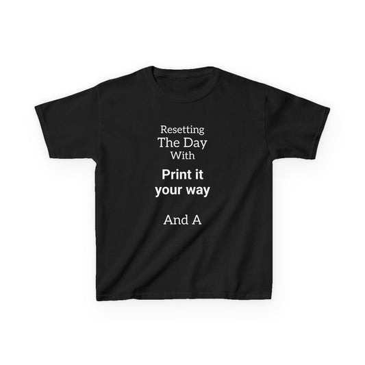 Black t-shirt with white text on a white background