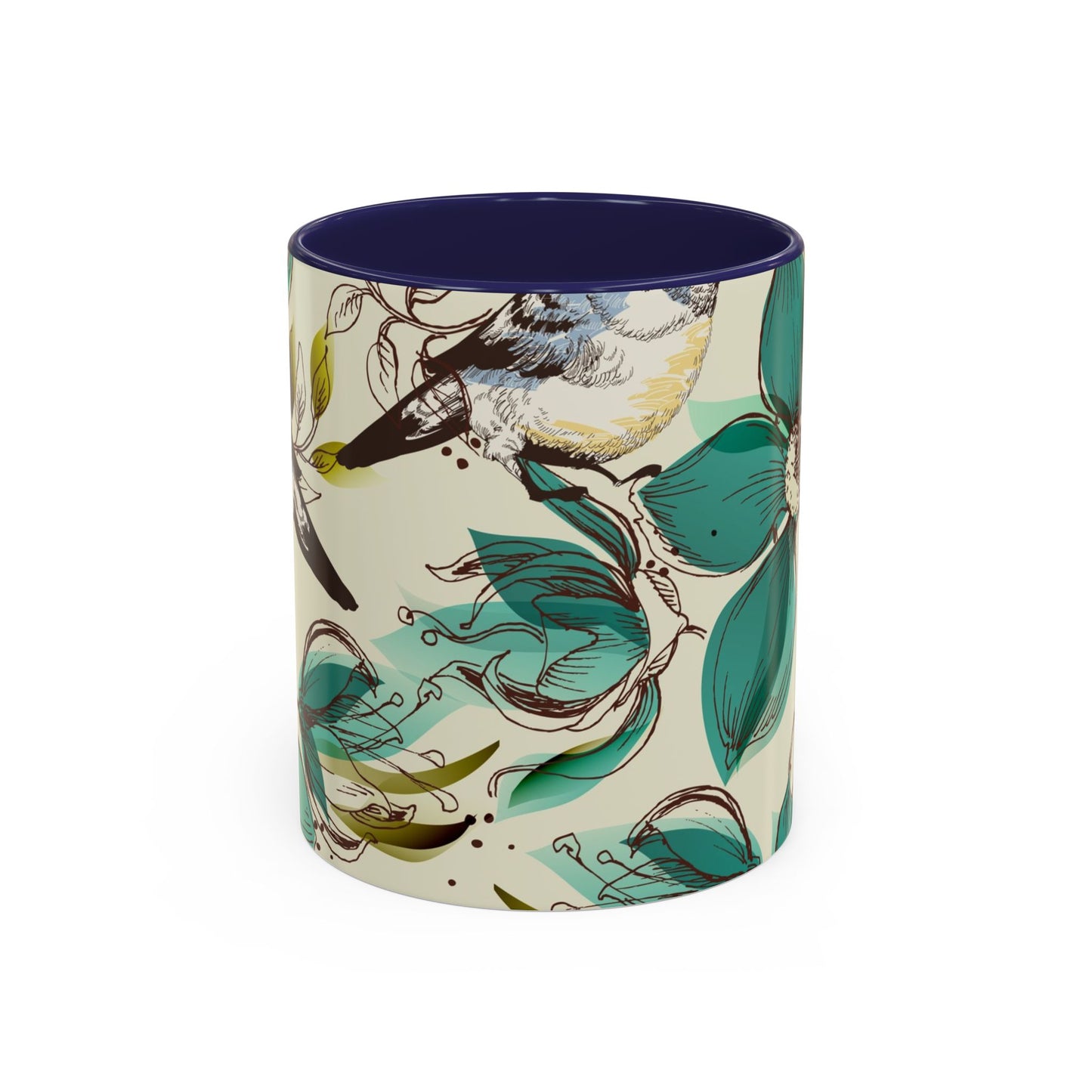 Mug with bird and leaf pattern on a white background