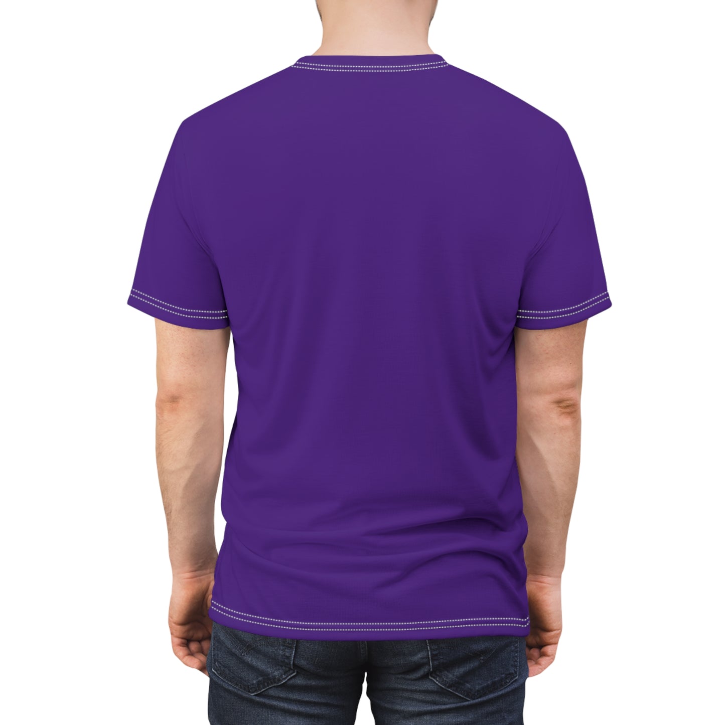 Purple t-shirt worn by a person on a white background