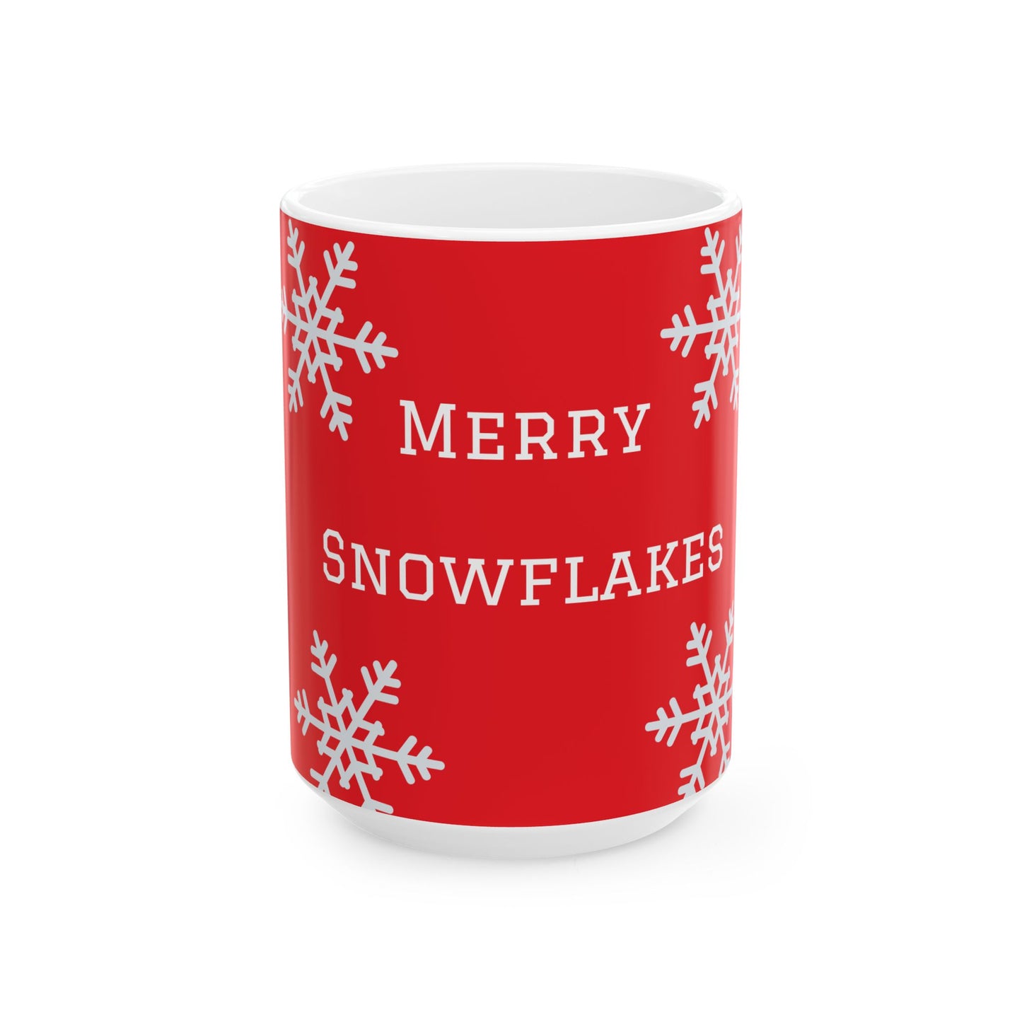 Merry Snowflakes Ceramic Mug — Red Holiday Coffee Cup (11oz & 15oz)