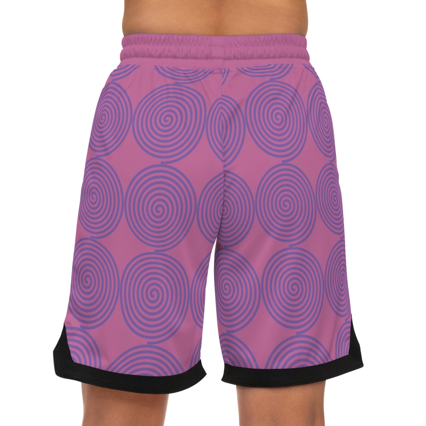 Women's basketball rib shorts with purple spiral pattern and black trim, made of moisture-wicking polyester