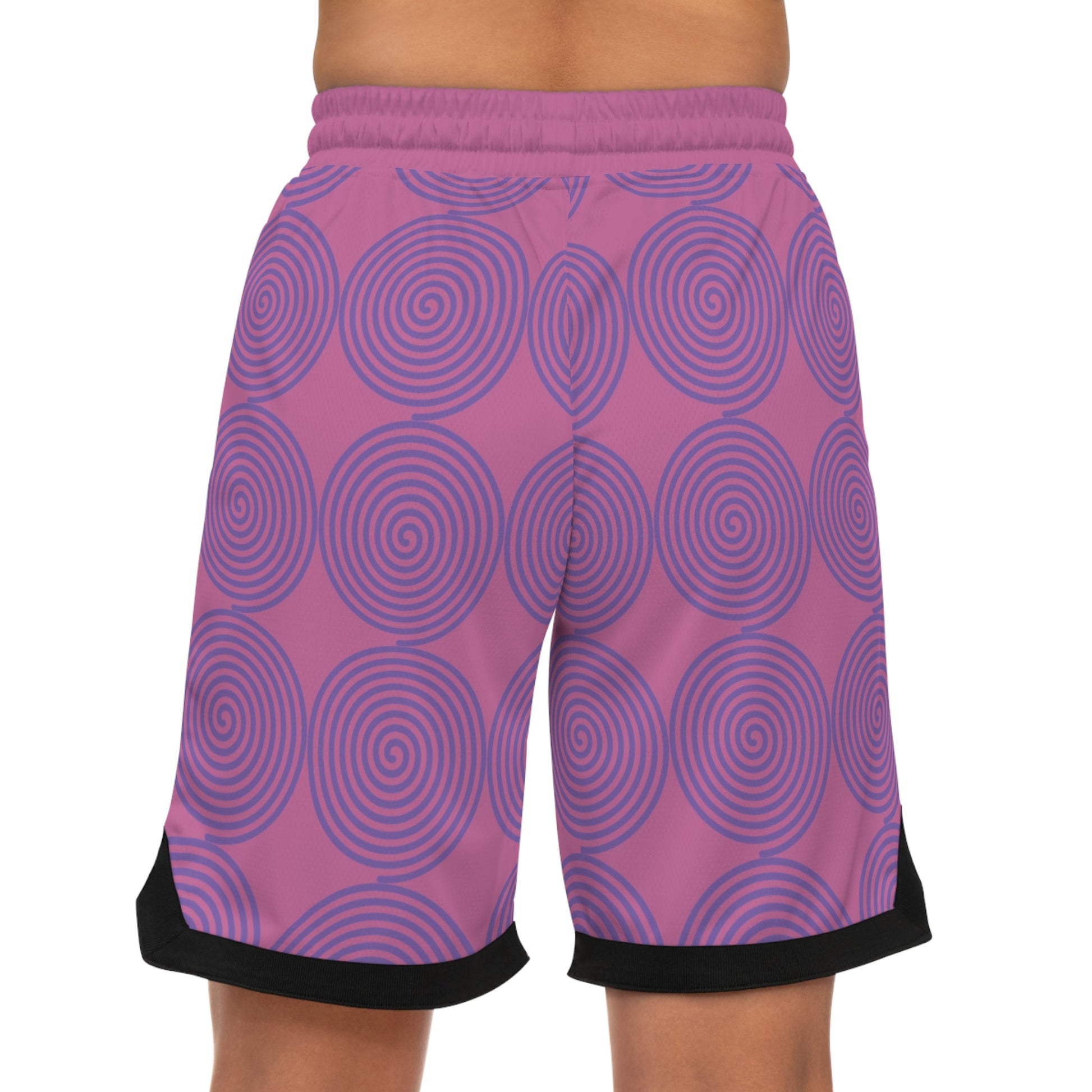 Women's basketball rib shorts with purple spiral pattern and black trim, made of moisture-wicking polyester