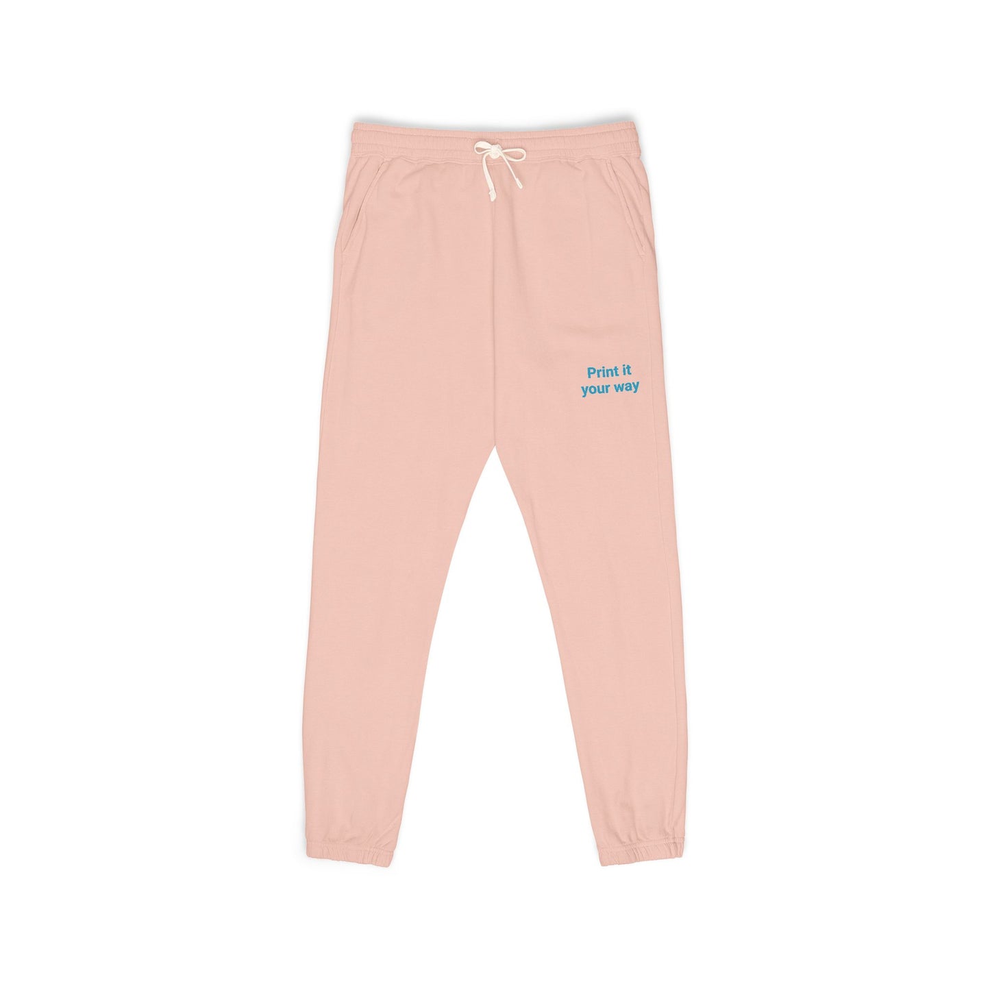 Pink sweatpants with text on a white background