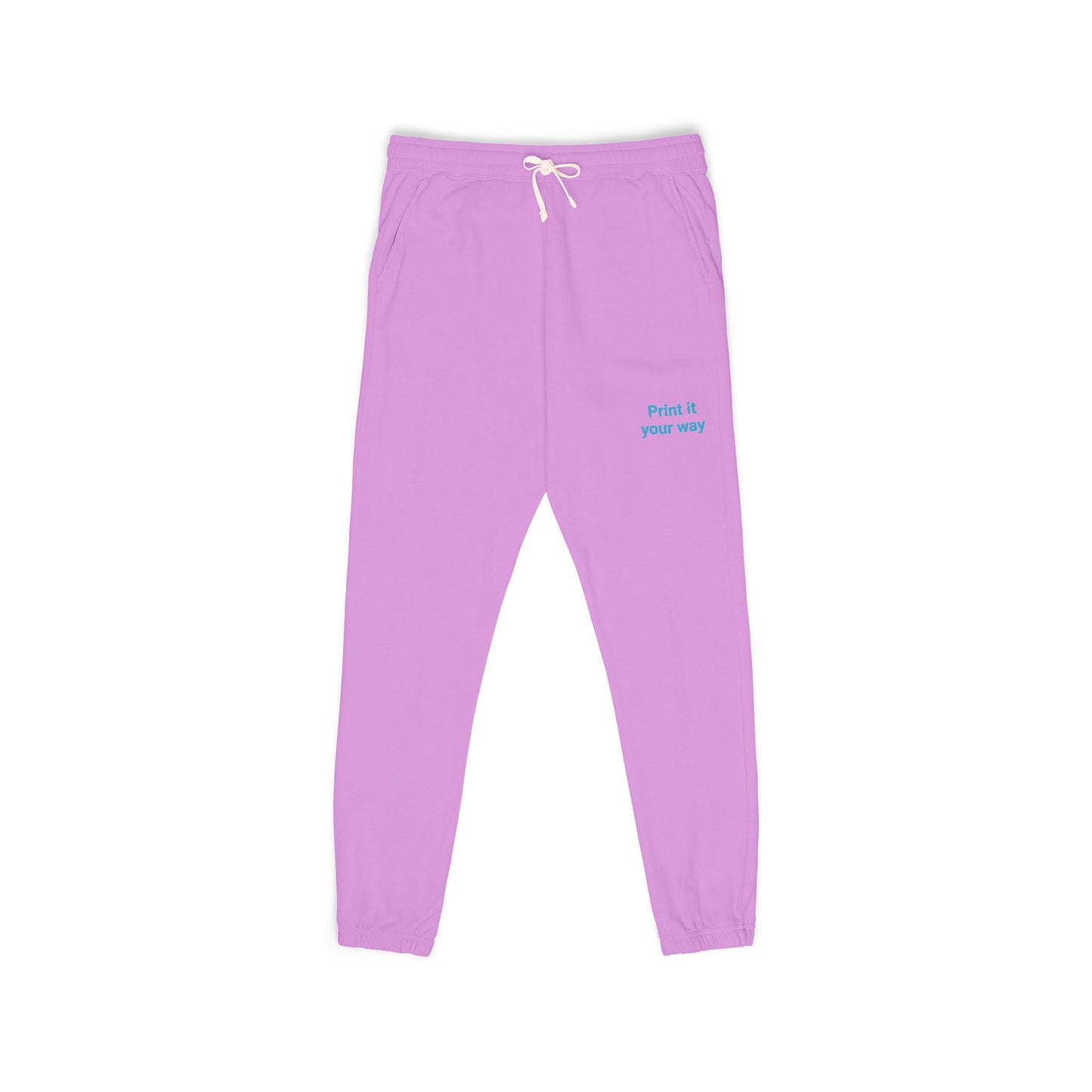 Purple sweatpants with text on a white background